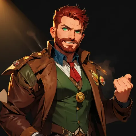 (masterpiece), 8k cg, intricate details, chromatic aberration, ((bust shot)), ((looking at viewer)), 1man, (green eyes, very short red hair, short red beard, mature, Wild West sheriff, black leather duster jacket, suit vest, cravat, badge), handsome face, ...