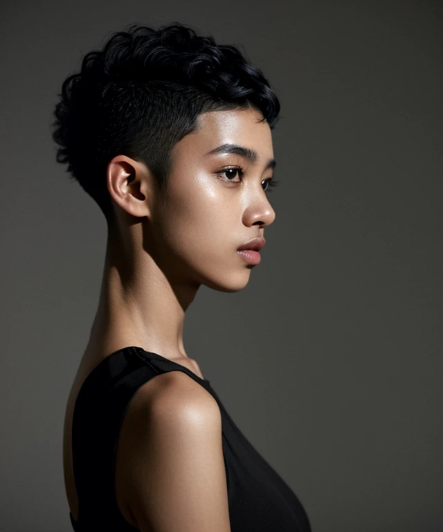 20-year-old woman, black, (High Top Fade:1.3), Dark Theme, Calm tone, Calm colors, High Contrast, (Natural skin texture, Hyperrealism, Soft Light, sharp)