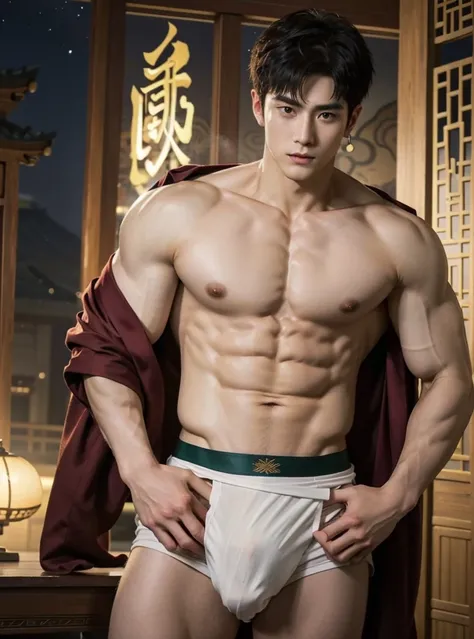 Chinese Men God, Mythology, Chinese odyssy, Handsome, Twink, Topless, Muscles, Athlete body, Full Frame, Sexy, Professional Lighting, Hanfu Outfit, Chinese Heaven Background, Bulge Underneathe Underwear, Sexy big bulge,  Hanfu Warrior, Hanfu God, Hanfu Mal...