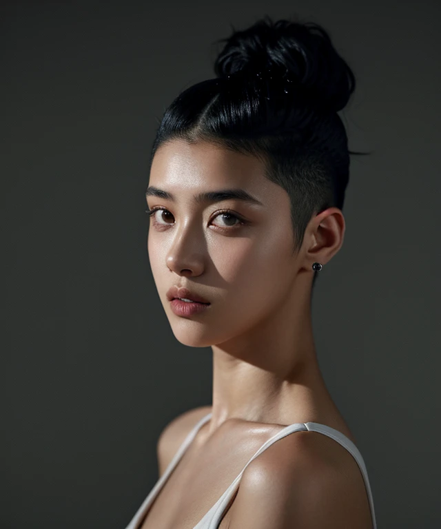 20-year-old woman, (High Top Fade:1.3), Dark Theme, Calm tone, Calm colors, High Contrast, (Natural skin texture, Hyperrealism, Soft Light, sharp)