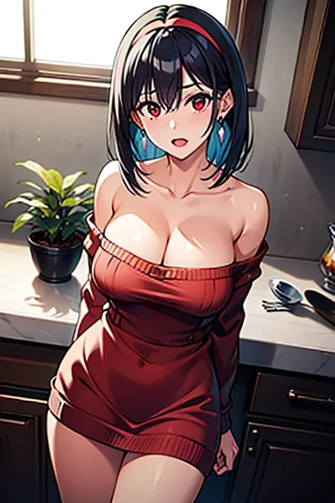 masterpiece, yor, 1girl, Amazing Cleavage:1.3, thin waist, big ass, Raised sexy, medium breast: 1.8 posed cleavage:1.2、solo, looking at viewer, open mouth, have a cup of orange juce,black hair, red eyes, dress, bare shoulders, jewelry, collarbone, sidelock...