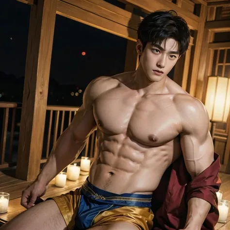 Chinese Men God, Mythology, Chinese odyssy, Handsome, Twink, Topless, Muscles, Athlete body, Full Frame, Sexy, Professional Lighting, Hanfu Outfit, Chinese Heaven Background, Bulge Underneathe Underwear, Sexy big bulge,  Hanfu Warrior, Hanfu God, Hanfu Mal...