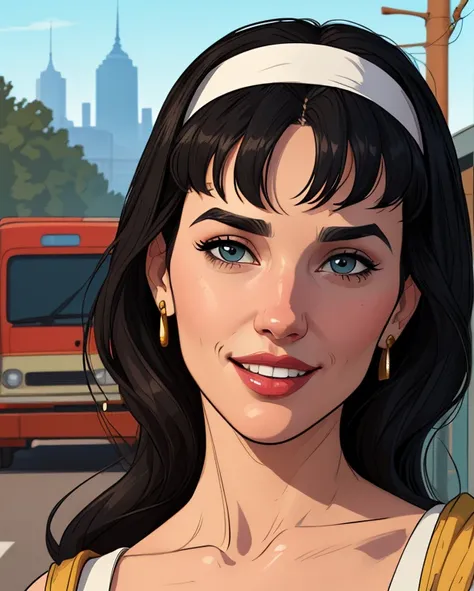 Xena warrior princess GTA sensual portrait mode sesys style Cartoon style digital illustration Monica Bellucci together boyfriends Cartoon style character GTA mode portrait Character cartoon style facial expression happy beautiful smile and six medium smal...