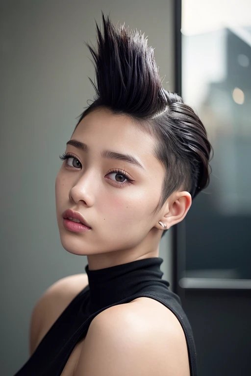 20-year-old woman、(High Top Fade:1.3)、Woman warrior、Dark Theme、Calm colors調、Calm colors、High contrast、(Natural skin texture、Hyperrealism、Soft Light、sharp)