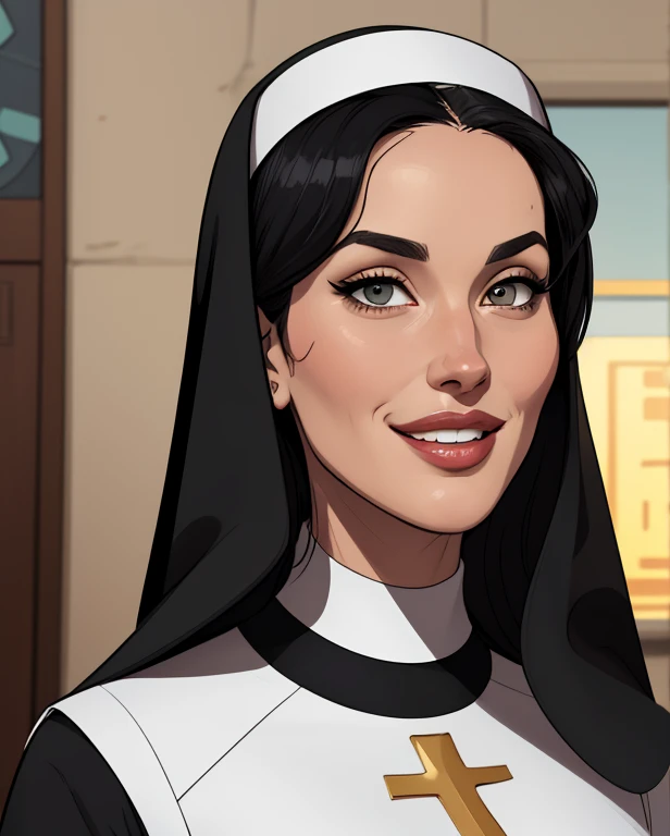 warrior GTA sensual portrait mode sesys style Cartoon style digital illustration nun clothes sesy monica Bellucci together boyfriends Cartoon style character GTA mode portrait Character cartoon style facial expression happy beautiful smile and six medium s...