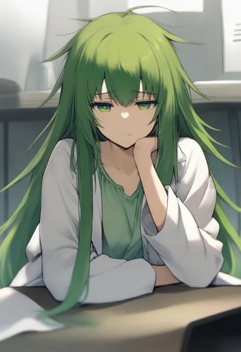 masterpiece, best quality, 1girl, , green eyes, beautiful eyes, tired expression, very long hair, messy hair, green hair, fringes, lab coat, a blouse under a lab coat, oversized blouse, white and green blouse, sitting at a desk, leaning on her elbows, lab ...