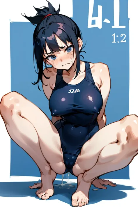 Japanese, Visible nipples、Black hair ponytail、Large size breasts, J cup breastature Woman、Squat posture、Spread your legs, Spread your legs, One piece swimsuit、Navy blue school swimsuit、Front of body、looking at the camera、Scared、Shame play、Embarrassing、Are ...