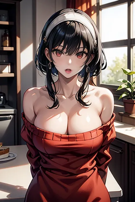 masterpiece, yor, 1girl, Amazing Cleavage:1.3, thin waist, big ass, Raised sexy, medium breast: 1.8 posed cleavage:1.2、solo, looking at viewer, open mouth, have a cup of orange juce,black hair, red eyes, dress, bare shoulders, jewelry, collarbone, sidelock...