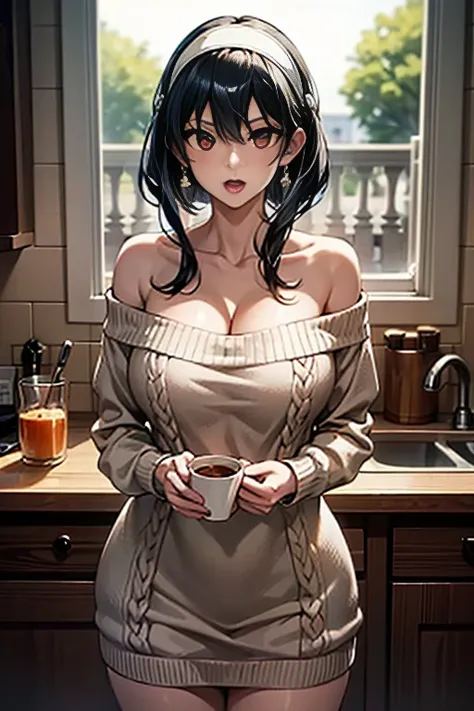 masterpiece, yor, 1girl, Amazing Cleavage:1.3, thin waist, big ass, Raised sexy, medium breast: 1.8 posed cleavage:1.2、solo, looking at viewer, open mouth, have a cup of orange juce,black hair, red eyes, dress, bare shoulders, jewelry, collarbone, sidelock...