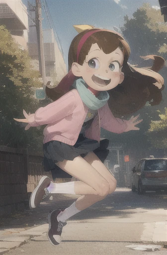 mabelpines, brown hair, long hair, hair band, flat chest, smile, braces, open mouth, sweter, skirt, shoes, star print, outdoors