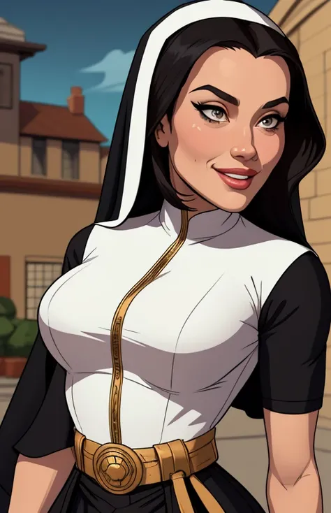 warrior GTA sensual portrait mode sesys style Cartoon style digital illustration nun clothes sesy monica Bellucci together boyfriends Cartoon style character GTA mode portrait Character cartoon style facial expression happy beautiful smile and six medium s...