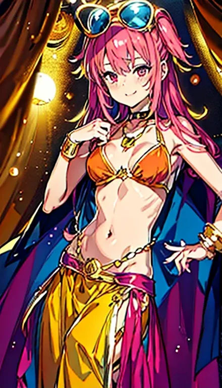 A smug narcissistic pink haired woman wearing a golden bra and golden pants and lots of jewelry flaunting herself