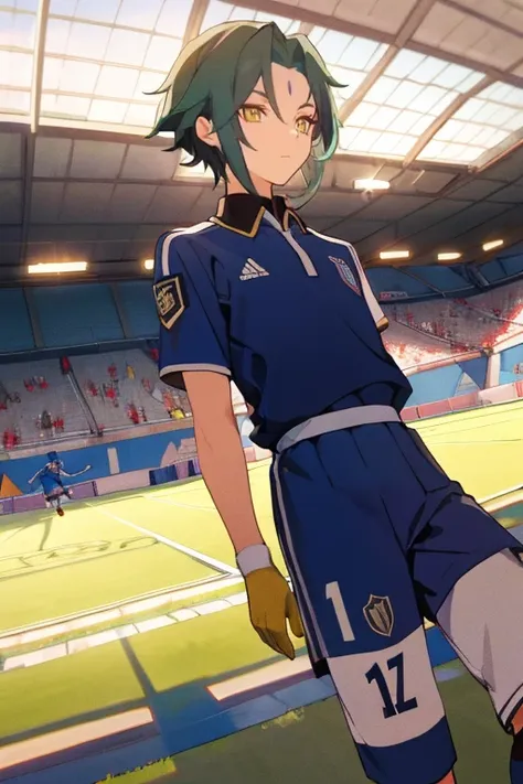 2 boys,dark green hair,highest quality,masterpiece,excessive,male focus,yellow eyes,beautiful eyes,beautiful boy,School,between men,Spouse,soccer club members,Blue soccer uniform,soccer,high school,soccer uniform,blue clothes,soccer court,teammate,same clo...