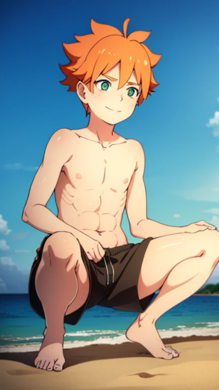 Boy, slim, Cute, Pale white skin, ginger, green eyes, Short orange/red hair, on beach, looks shyly at the viewer, smiling, naked boy chest, wet, spread legs, squatting, ass view, back view, shorts, 