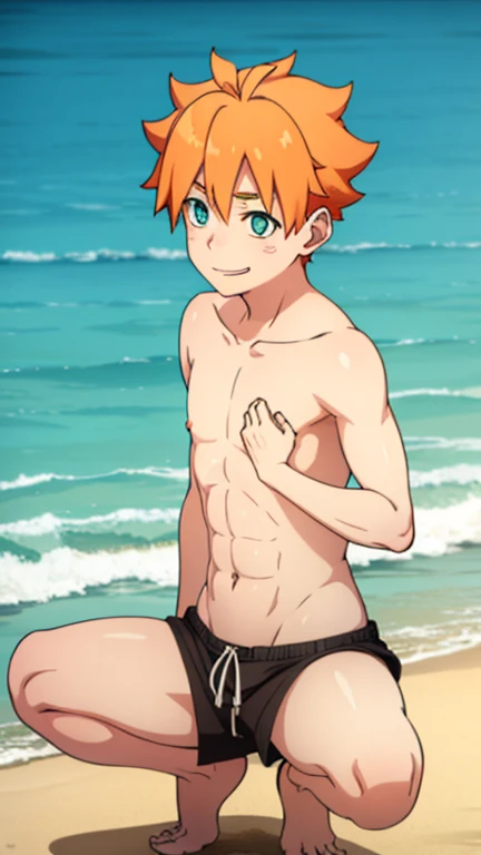 Boy, slim, Cute, Pale white skin, ginger, green eyes, Short orange/red hair, on beach, looks shyly at the viewer, smiling, naked boy chest, wet, spread legs, squatting, ass view, back view, shorts, 