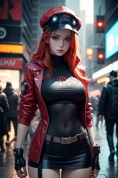 Beautiful woman medium red hair, wearing cap, roupas curtas estilo cyberpunk