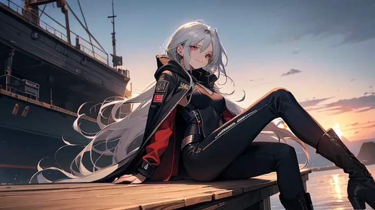 (Confused, High resolution, Very detailed), 1 female, Silver Hair,Long Hair,Reddish brown eyes,boots,Wearing a hood,Navy Long Coat,Black skinny jeans,Black and white pilot suit,,Small breasts,23 years old,Beautiful woman,Adult female,,thin,quiet,Calm,A sma...