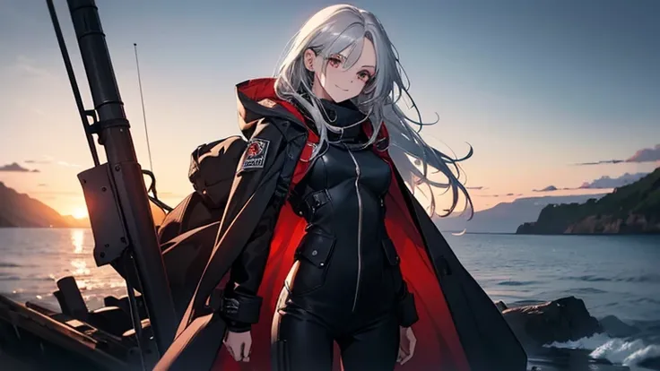 (Confused, High resolution, Very detailed), 1 female, Silver Hair,Long Hair,Reddish brown eyes,boots,Wearing a hood,Navy Long Coat,Black skinny jeans,Black and white pilot suit,,Small breasts,23 years old,Beautiful woman,Adult female,,thin,quiet,Calm,A sma...