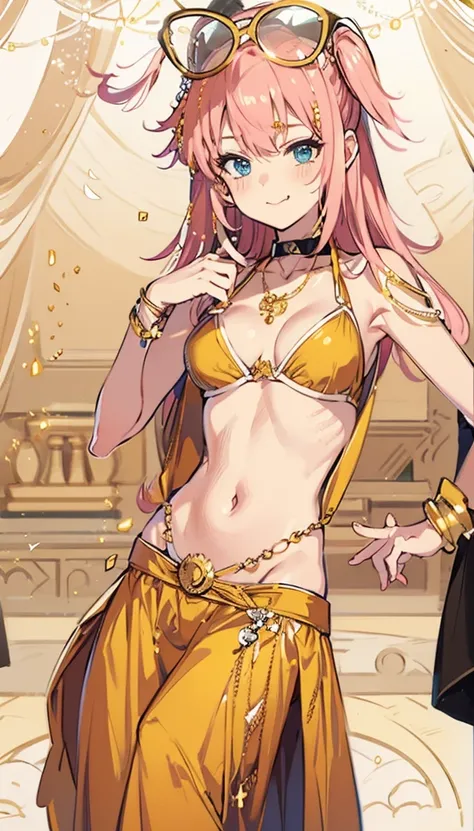 A smug narcissistic pink haired woman wearing a golden bra and golden pants and lots of jewelry flaunting herself