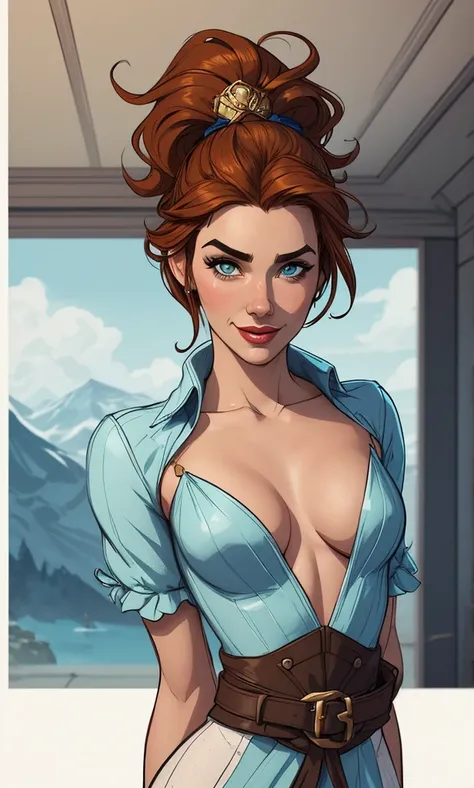 Personagem mulher estilo atompunk Fiona rainha Anna de Arendelle com marcas de guerras Imagem de desenho animado de uma mulher .Ilustra??o estilo desenho animado, estilo de arte dos desenhos animados, estilo de arte dos desenhos animados, digital illustrat...