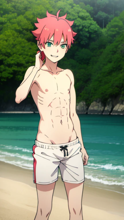 Boy, slim, Cute, Pale white skin, green eyes, Short red hair, on beach, looks shyly at the viewer, smiling, wet, spread legs, ass view, back view, white shorts, lies on the sand, slim boy body, ass focus 