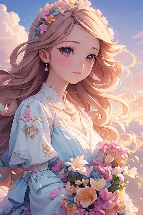 ( Extremely detailed, Best details, Official Art, Beauty and aesthetics: 1.2), Depth of written border, composition, whole body, (a bit), (Beautiful and detailed: 1.3), (wonderful:1), Colorful clouds blurred background,1girl,