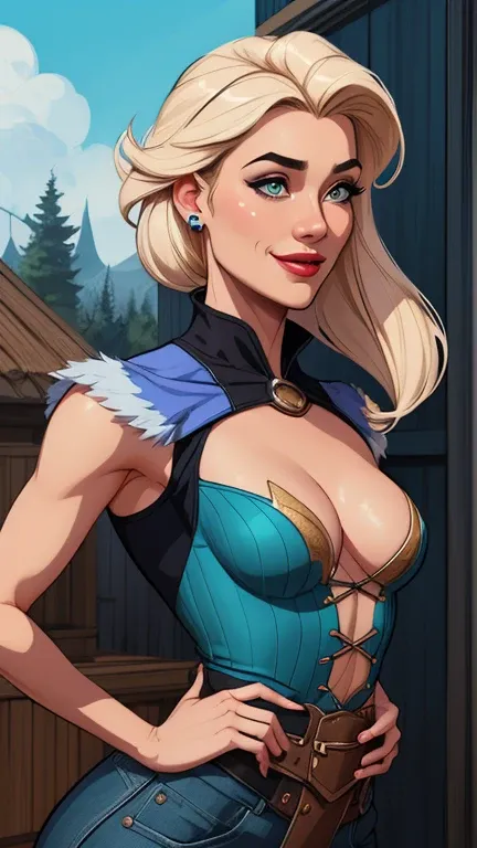 Personagem mulher estilo atompunk Fiona rainha Anna de Arendelle com marcas de guerras Imagem de desenho animado de uma mulher .Ilustra??o estilo desenho animado, estilo de arte dos desenhos animados, estilo de arte dos desenhos animados, digital illustrat...