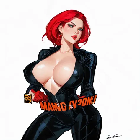 4k, Comic Babes, a drawing of a woman in a black suit and red hair, Black Widow, comic book character, comic character, vixen, comic character design, wearing a black jumpsuit, anya from the spy x family, inspired by Earle Bergey, 90s comic character desig...