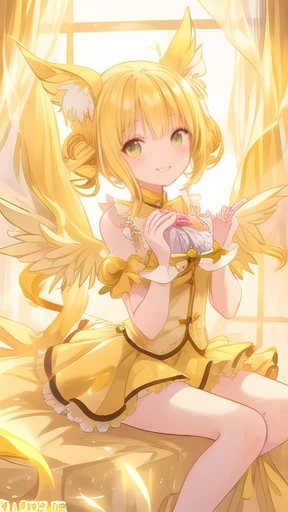 yellow drill hair,cute lady, happy, smile,,thin,,,tall,,,room,glitter,heart,vivid,,wings,ears,tail,magic ,sit,open mouth,blunt bangs,arch eyebrows,noon,window,lips,skirt,luster、devine light effects, magic effect,glow eyes