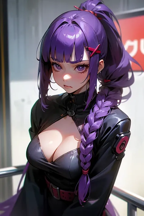 1 girl, Blunt bangs, Braiding, Wide sleeves, hair ornaments, Red Belt, (Purple Hair:1.2), Very long hair, Straight hair, Looking at the audience, Highly detailed background, (Realistic:1.2), Beautiful Eyes, Red eyeshadow, Written boundary depth，thigh, (Ulz...