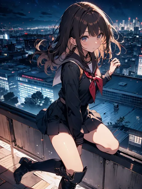 Brown Hair、night、building、rooftop、Overlooking the lower world,Black mini skirt,Sailor suit、黒のコートvision,Small face　bangs ,beauty,vision 、Black boots 、one person 、Panty shot、Japanese sword　