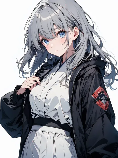 【highest quality, Tabletop】 [One girl, coat, Expressionless, Positive, (Gray Hair:1.5),Straight Hair, (Shortcuts:1.4),(blue eyes:1.3), Oversized black jacket, Black Skirt, Take off your jacket, Large Breasts,Upper Body] (Gray white background:1.5),Japanese...