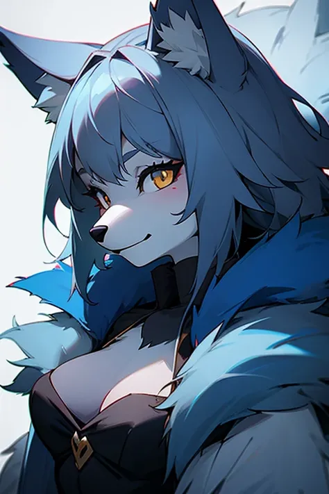 One girl, Blue fur, Wolf Girl, Medium chest, , Portraiture, Simple Background, (Furry:1.5) 