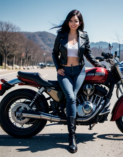 Beautiful indian , with straight hair and perfect body standing next to motorcycle smiling wearing a leather jacket, blue jeans and boots