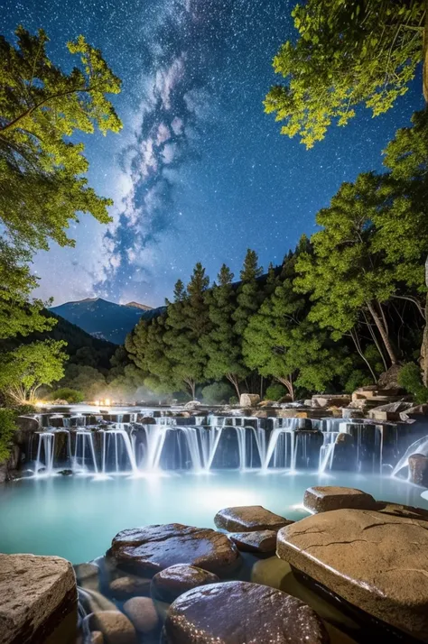 {high quality}, {nature bath}, {hot spring}, {open air bath}, view from below, {steam}, {stars shining}, tree behind, rock behin...