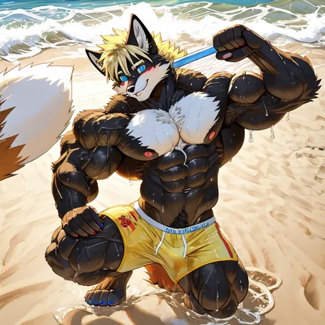 (masterpiece, Best quality:1.2), fox boy, on beach playing volleyball, in speedos, body covered in black fur, Furry style,very muscular wild ,full height,veiny muscles, very long blond hair,freckles on the body and face,blue eyes,defined muscles,wet body f...