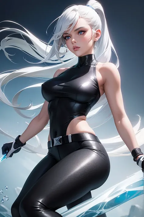 (Masterpiece, 4k resolution, ultra-realistic, very detailed) a superheroine, has ice powers, white hair ponytail, back midriff with blue outlines and a snowflake symbol on her right, has black gloves with fur on her the wrist part, wears black tight pants,...