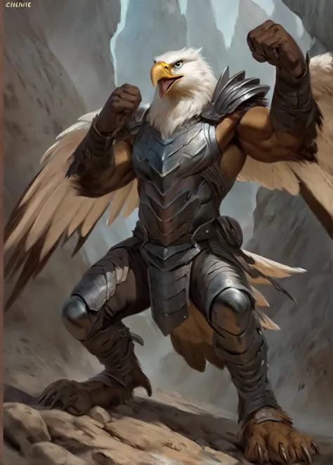 Eagle, comic book style, illustration, solo, ferocious, male, [[badass pose]], torn armor, masterpiece, best art, full body, by chunie, by taran fiddler, by honovy, detailed eyes, detailed body, claws, masculine body shape, fantasy, tall, armored, pecs, bi...