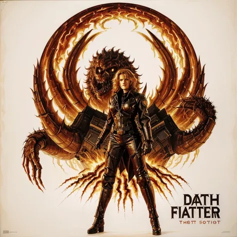 DEATH FIGHTER - original motion picture soundtrack, Monster horror movies, In the center, a beautiful woman stands in a full-body pose in a sexy outfit, In the background is a creepy monster and a burning, destroyed city.、soundtrack jacket、Digitally Remast...