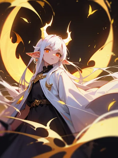 Young girl, Poor quality milk, With golden eyes that burn like fire, Small pointy ears like a fairy, Long, pure white hair fluttering in the wind, She has black dragon horns on her head, Magician&#39;s Dress, Wearing black lace gloves, Wide robe sleeves to...