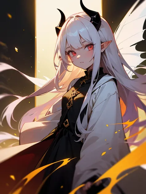 Young girl, Poor quality milk, With golden eyes that burn like fire, Small pointy ears like a fairy, Long, pure white hair fluttering in the wind, She has black dragon horns on her head, Magician&#39;s Dress, Wearing black lace gloves, Wide robe sleeves to...