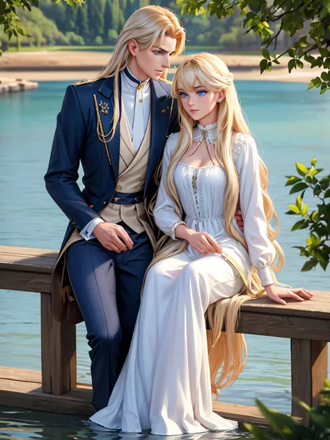 a magical lake. a tall, handsome, statuesque, courageous young man with long platinum hair, blue eyes, tanned skin is sitting on...