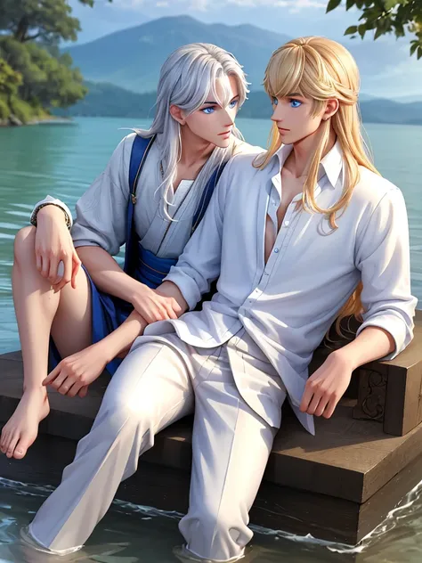 a magical lake. a tall, handsome, statuesque, courageous young man with long platinum hair, blue eyes, tanned skin is sitting on...