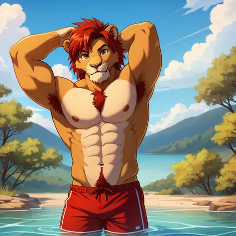 simba, a furry lion, furry, shirtless, muscular, male, masculine, red hair, yellowish fur, brown eyes, hands up behind head, red hairy armpits, cartoony, illustration, sharp focus, soft colours, medium length hair, two blogs haircut, younger guy, red swimm...