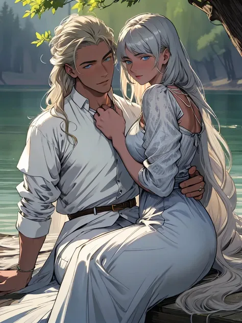 couple 1 man 1 woman. A tall, handsome, statuesque, courageous young man with long platinum hair, blue eyes, tanned skin is sitting on the shore of a lake, he is dressed in an antique white shirt and dark trousers, next to him sits an incredibly beautiful ...