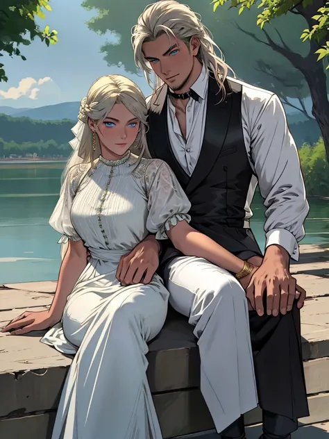 couple 1 man 1 woman. A tall, handsome, statuesque, courageous young man with long platinum hair, blue eyes, tanned skin is sitting on the shore of a lake, he is dressed in an antique white shirt and dark trousers, next to him sits an incredibly beautiful ...