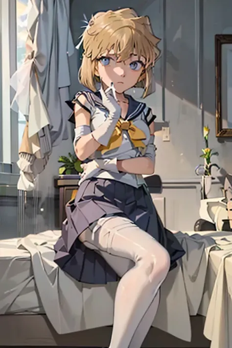 Tabletop, highest quality, One Girl, (The grey plains lament),Yellow Hair, (Iris:1.2),((Sailor Warriorini skirt))、((Embarrassed expression))、((Bedroom))、((Picture below))、((pantyhose))、((short hair))、((White long gloves))、