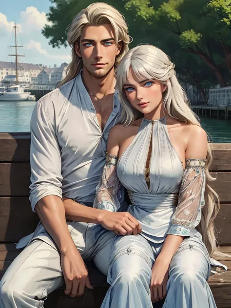 couple 1 man 1 woman. A tall, handsome, statuesque, courageous young man with long platinum hair, blue eyes, tanned skin is Sitting on the dock, he is dressed in an antique white shirt and dark trousers, next to him sits an incredibly beautiful young golde...