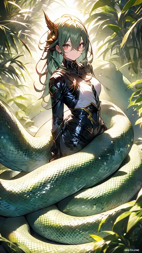 lamia、the lower half of the body is that of a snake.、female with a human upper body、beautiful hair、deep in the forest、golden eye...