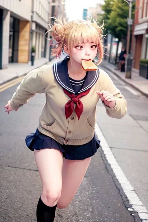 masterpiece, best quality, a girl, serafuku, blue bow, pleated skirt, blue socks, loafers, city street, running, toast in mouth,